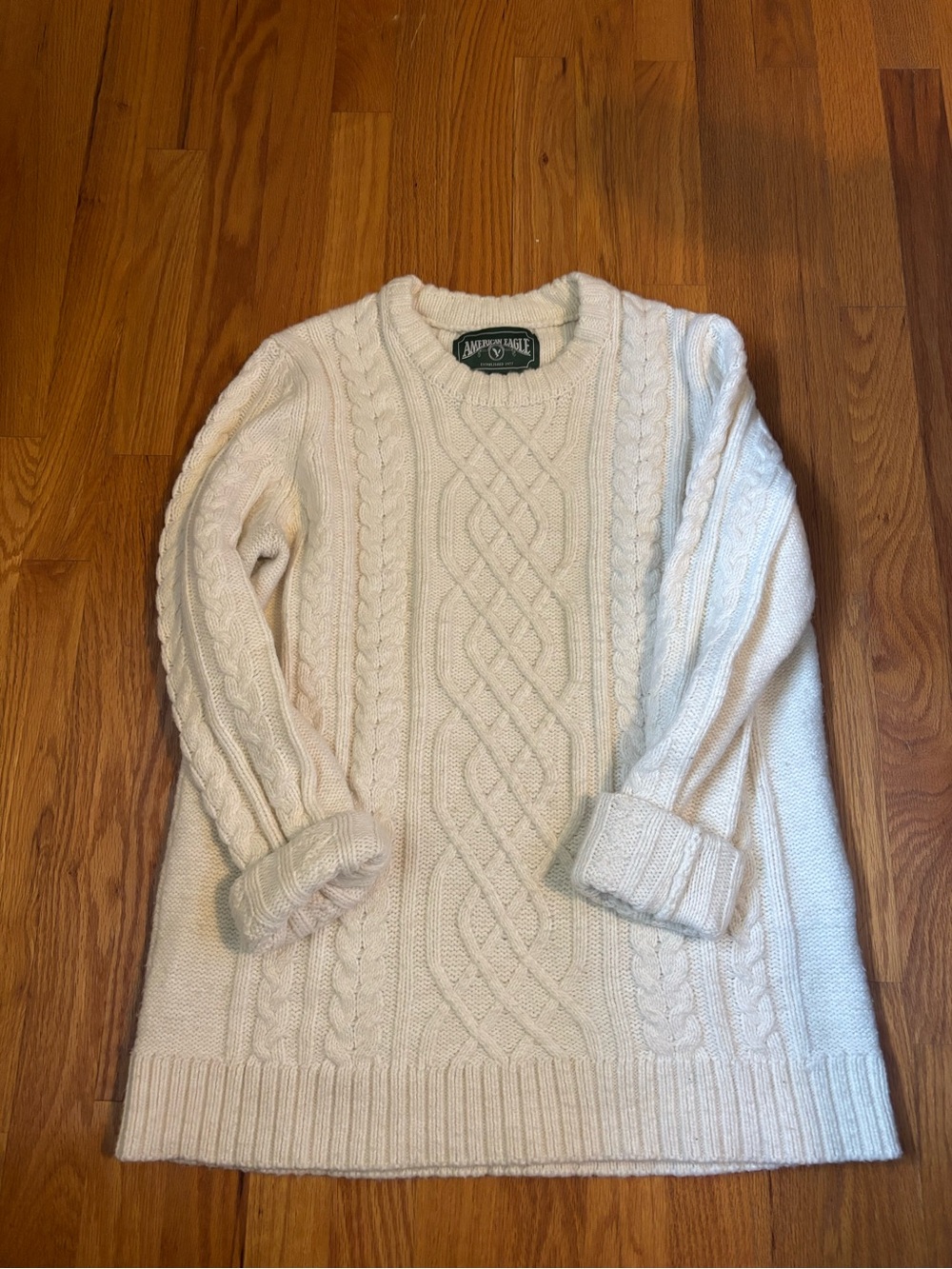 American Eagle Outfitters Cream Cable Knit Crew Sweater Tall